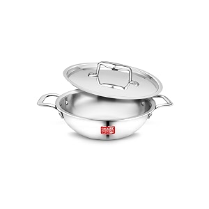 classic essentials triply stainless steel extra deep kadhai with steel lid  22cm diameter  2 litre stainless steel kadai with heavy bottom  silver induction and gas stove friendly