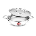 CLASSIC ESSENTIALS Triply Stainless Steel Extra Deep Kadhai with Steel Lid | (22cm Diameter) | 2 Litre Stainless Steel Kadai with Heavy Bottom | Silver (Induction and Gas Stove Friendly).