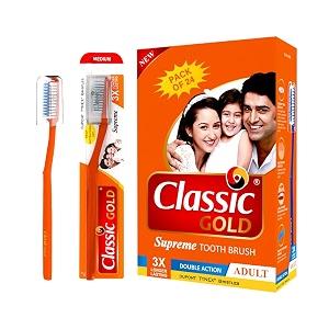 classic gold supreme medium manual toothbrush for adults  with dupont tynex bristles and crystal clear anti bacterial cap  pack of 24 pieces - multicolor