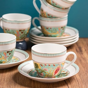 clay craft fine ceramic cup amp saucer set of 12 6 cups  6 saucers - 180 ml each sea green floral