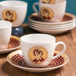 clay craft fine ceramic cup amp saucer set of 12 6 cups  6 saucers - 180 ml each maroon peacock print