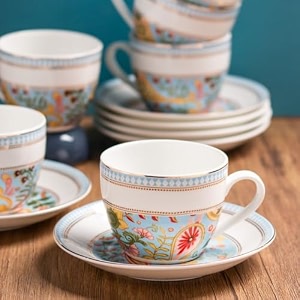 clay craft fine ceramic cup amp saucer set of 12 6 cups  6 saucers - 180 ml each blue floral