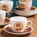 Clay Craft Fine Ceramic Cup &amp; Saucer Set of 12 (6 Cups + 6 Saucers) - 180 ml Each (Maroon Peacock Print)