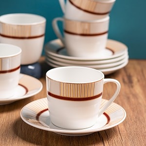 clay craft fine ceramic printed cup amp saucer set of 12 6 cups  6 saucers - 180 ml each maroon amp beige