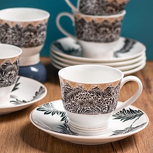 clay craft fine ceramic printed cup amp saucer set of 12 6 cups  6 saucers - 180 ml each black leafy print