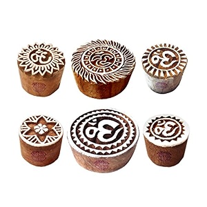 clay printing stamps designer round om sign shape wooden blocks set of 6