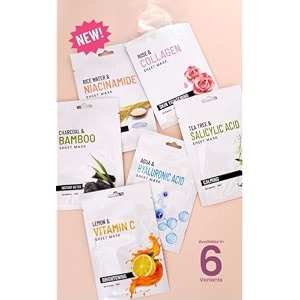 cleansing combo of 6 bamboo charcoalrice waterhyaluronic acid rose collagen lemon vitamin ctea tree sheet mask pack of 6
