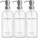 Clear Shampoo and Conditioner Dispenser Set by Brighter Barns - Refillable Plastic Shower Dispenser Set - Minimalist Shampoo Bottles &amp; Stainless Steel Pump for Neutral Bathroom, Hotel (Clear/Silver)