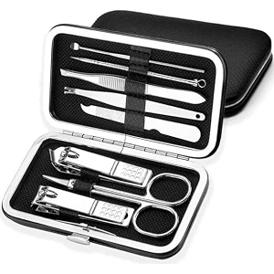 manicure kit nail clippers set - stainless steel pedicure tools - black 7-in-1 grooming kit with nail scissors cutter ear pick tweezers scissors eyebrow nail file - for men amp women