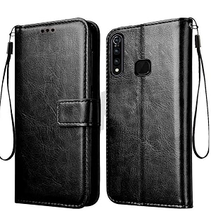 back cover vivo z1 pro vintage leather flip cover case for  inner tpu  foldable stand  wallet card slots vintage flip cover vivo z1 pro - black flip please check your phone model before buying