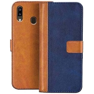 flip cover for samsung galaxy a20  genuine leather with viewing stand amp 3 card holder  antique double shade multi-coloured please check your phone model before buying
