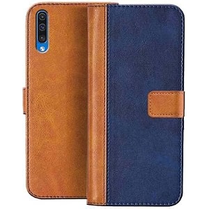 flip cover for samsung galaxy a50  genuine leather with viewing stand amp 3 card holder  antique double shade multi-coloured please check your phone model before buying