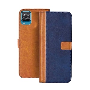 flip cover for samsung galaxy f12  genuine leather with viewing stand amp 3 card holder  antique double shade multi-coloured please check your phone model before buying