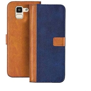 flip cover for samsung galaxy j6  genuine leather with viewing stand amp 3 card holder  antique double shade multi-coloured please check your phone model before buying