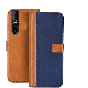 flip cover for vivo v15 pro  genuine leather with viewing stand amp 3 card holder  antique double shade multi-coloured please check your phone model before buying