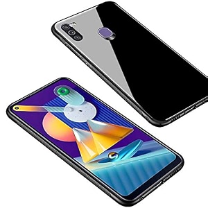 clickaway glass back case cover for samsung galaxy m11glass caselight slimnon-slipshockproofsoft tpudesigner caseelectroplatescratch resistancehybrid protection caseblack ca747 please check your phone model before buying