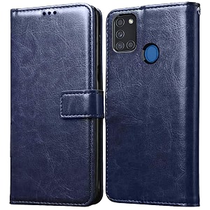 leather back finish flip case cover for samsung galaxy a21s  wallet style  inbuilt stand amp inside pockets  magnetic closure  shockproof 360 degree protection blue ca982 please check your phone model before buying