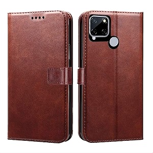 premium leather kickstand wallet flip case cover with magnetic closure for realme c12  narzo 20 - brown ca321 please check your phone model before buying
