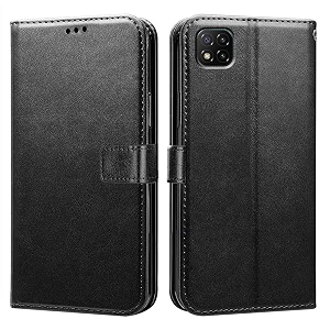 premium leather kickstand wallet flip case cover with magnetic closure for mi poco c3 - black ca249 please check your phone model before buying
