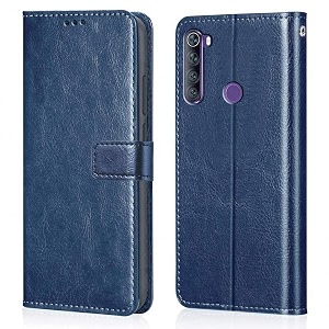 premium leather kickstand wallet flip case cover with magnetic closure for mi redmi note 8 - blue ca281 please check your phone model before buying