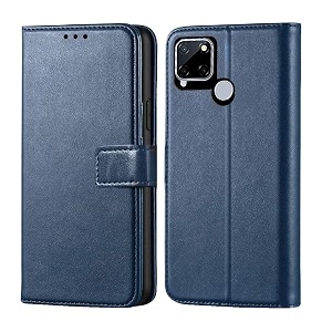 premium leather kickstand wallet flip case cover with magnetic closure for realme c12  narzo 20 - blue ca320 please check your phone model before buying