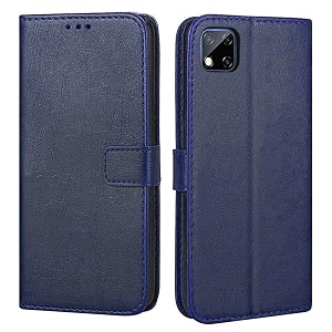 premium leather kickstand wallet flip case cover with magnetic closure for mi poco c3 - blue ca250 please check your phone model before buying