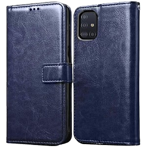 premium leather kickstand wallet flip case cover with magnetic closure for samsung galaxy m51 - blue ca913 please check your phone model before buying