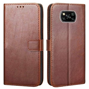 premium leather kickstand wallet flip case cover with magnetic closure for mi poco x3 - brown ca261 please check your phone model before buying