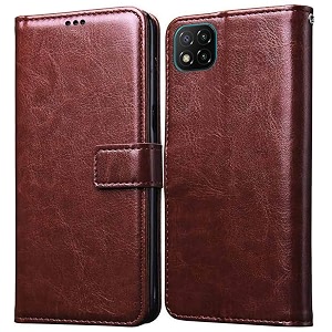 premium leather kickstand wallet flip case cover with magnetic closure for mi poco c3 - brown ca251 please check your phone model before buying