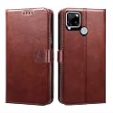 Premium Leather Kickstand Wallet Flip Case Cover with Magnetic Closure for Realme C12 / Narzo 20 - Brown CA321 (Please Check Your Phone Model Before Buying
