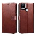 Premium Leather Kickstand Wallet Flip Case Cover with Magnetic Closure for Realme C15 - Brown CA324 (Please Check Your Phone Model Before Buying