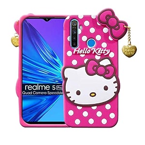 clickaway realme 5 hello kitty back cover soft silicone rubber back cover with heart design pendant compatible for mobile case realme 5 - pink hello kitty ca1750 please check your phone model before buying