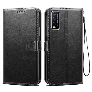 vintage leather flip cover case compatible with vivo y20  inner tpu  foldable stand  magnetic closure  wallet card slots - black ca192 please check your phone model before buying