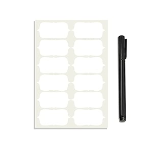 clickedin 84 pc white vinyl stickers for mason jars glass bottles decals craft kitchen waterproof jar labels stickers with black marker 12 same shapes 25 inch x 125 inch