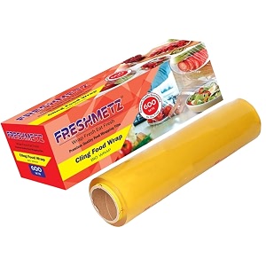 cling film wrap 22 kg roll 600 mt  bpa free transparent food wrapping film  10 micron industrial kitchen cling sheet  non-stick microwave safe  bulk catering pack