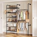 Closet Organizers and Storage, 2-Row Heavy Duty Garment Rack Clothes Rack for Hanging Clothes, Wall Mounted Closet System with 2 Telescopic Rods, 3 Hooks, 6 Shelves for Wardrobe, Bedroom, Small Space