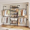 Closet Organizers and Storage, 3-Row Heavy Duty Garment Rack Clothes Rack for Hanging Clothes, Wall Mounted Closet System with 4 Telescopic Rods, 4 Hooks, 6 Shelves for Wardrobe, Bedroom, Small Space