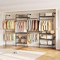 Closet Organizers and Storage, 4-Row Heavy Duty Clothes Rack for Hanging Clothes, Wall Mounted Closet System with 4 Telescopic Rods, 2 Fixed Rods, 5 Hooks, 8 Shelves for Wardrobe, Bedroom, Small Space