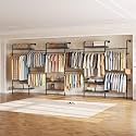 Closet Organizers and Storage, 6-Row Heavy Duty Clothes Rack for Hanging Clothes, Wall Mounted Closet System with 6 Telescopic Rods, 3 Fixed Rods, 7 Hooks, 9 Shelves for Wardrobe, Bedroom, Small Space