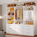 Closet System with 3 Drawers, 6–15.78FT Custom Closet Organizer System with Lighted Mirror, 7 Shelves, 6 Expandable Hanging Rods, Walk in Modular Closet System, Heavy Duty Built-in Closet