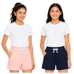 cloth theory premium cotton shorts for girls - regular fit pocket shorts for girls pack of 2