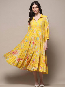 CLOTHCLICK Women Fit and Flare Yellow Midi