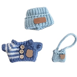 clothes for labubuno doll  handcrafted crochet 3-piece set for 17cm doll premium outfit with accessories for labubu stylish clothes for labubu doll light blue
