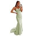 Clothfun Women's Long Lace Prom Dresses Mermaid Spaghetti Straps Backless Formal Evening Gowns