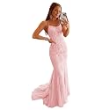 Clothfun Women's Long Lace Prom Dresses Mermaid Spaghetti Straps Backless Formal Evening Gowns
