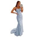 Clothfun Women's Long Lace Prom Dresses Mermaid Spaghetti Straps Backless Formal Evening Gowns