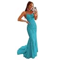 Clothfun Women's Long Lace Prom Dresses Mermaid Spaghetti Straps Backless Formal Evening Gowns
