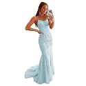 Clothfun Women's Long Lace Prom Dresses Mermaid Spaghetti Straps Backless Formal Evening Gowns
