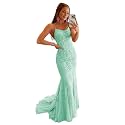 Clothfun Women's Long Lace Prom Dresses Mermaid Spaghetti Straps Backless Formal Evening Gowns