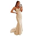 Clothfun Women's Long Lace Prom Dresses Mermaid Spaghetti Straps Backless Formal Evening Gowns